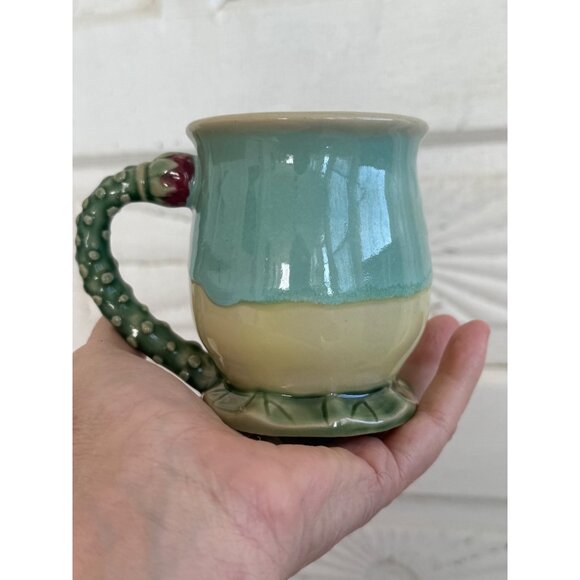 Vintage 80's Set 4 Majolica Pottery Mugs Cups Cactus blossom Handle - Picture 4 of 13